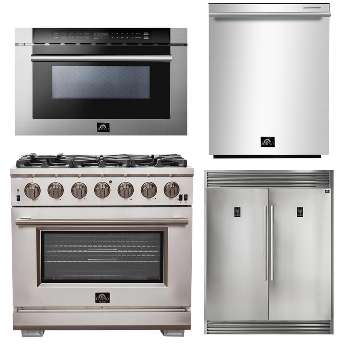 Forno Appliance Package - 36 Inch Pro Gas Range, Refrigerator, Microwave Drawer, Dishwasher, AP-FFSGS6260-36-7