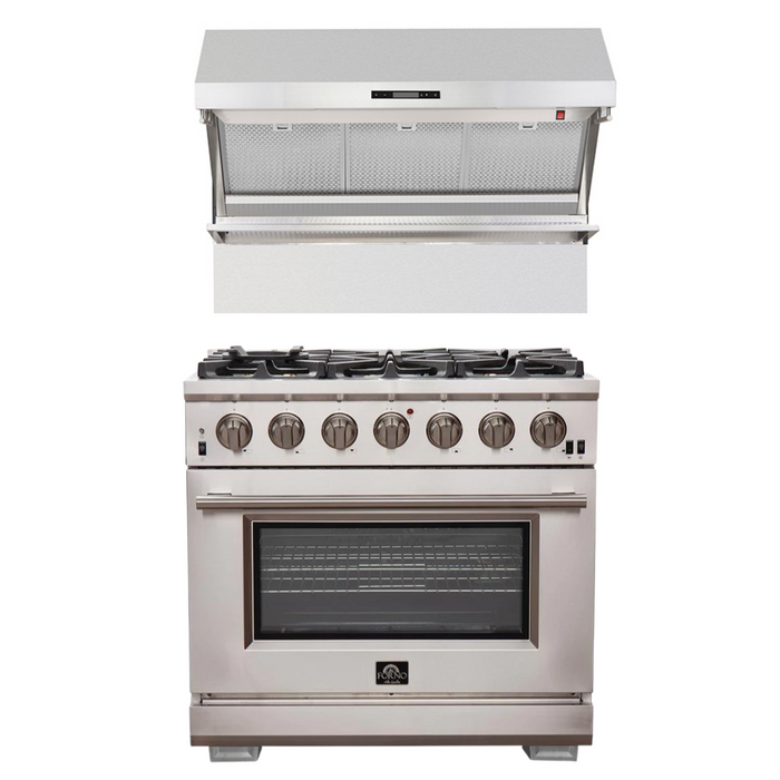 Forno Appliance Package- 36 Inch Pro Gas Range, Wall Mount Range Hood, AP-FFSGS6260-36