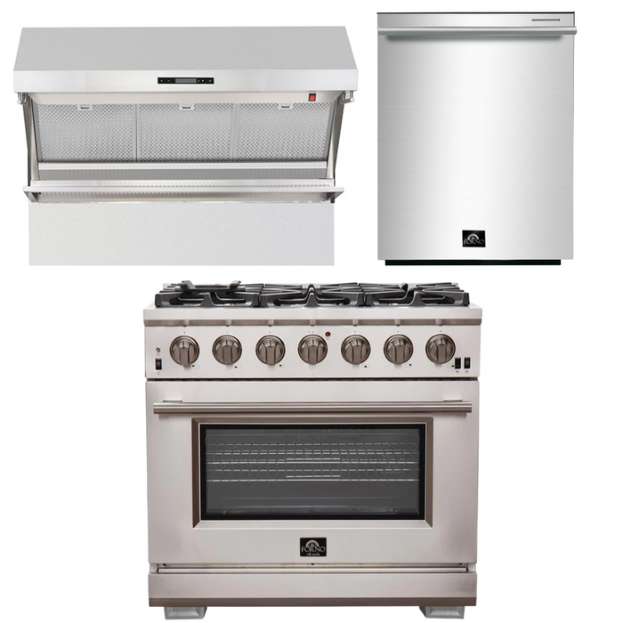 Forno Appliance Package - 36 Inch Pro Gas Range, Wall Mount Range Hood, Dishwasher, AP-FFSGS6260-36-2