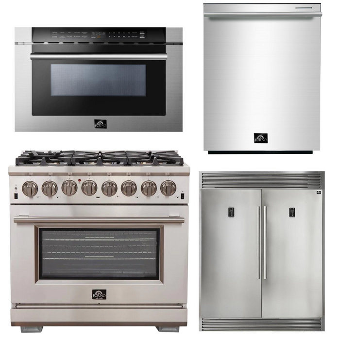 Forno Appliance Package - 36 Inch Gas Burner/Electric Oven Pro Range, Refrigerator, Microwave Drawer, Dishwasher, AP-FFSGS6187-36-7