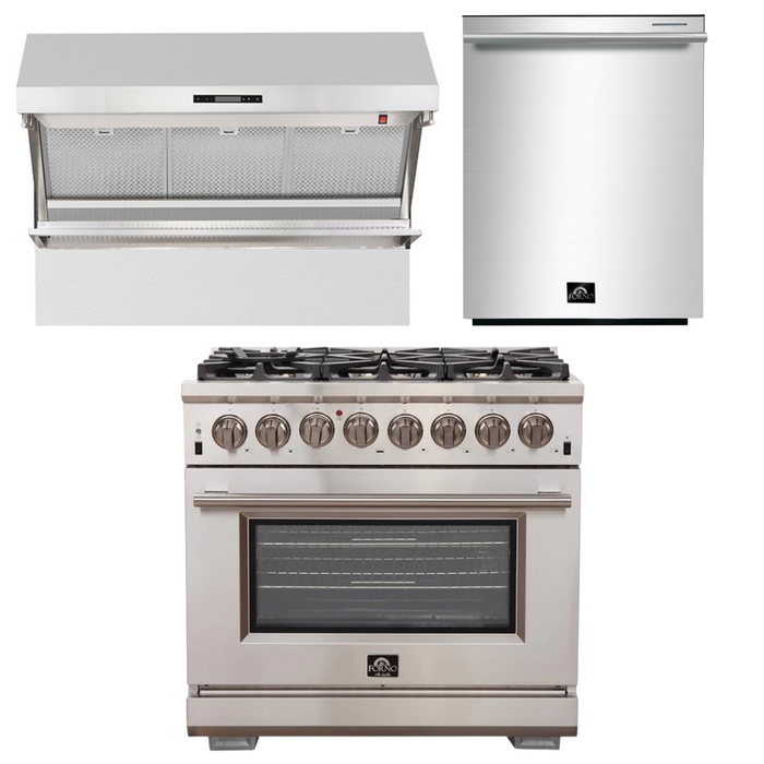 Forno Appliance Package - 36 Inch Gas Burner/Electric Oven Pro Range, Wall Mount Range Hood, Dishwasher, AP-FFSGS6187-36-2