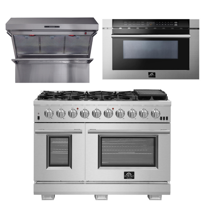 Forno Appliance Package - 48 Inch Pro Gas Range, Wall Mount Range Hood, Microwave Drawer, AP-FFSGS6260-48-3