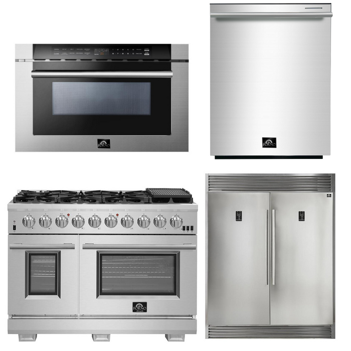 Forno Appliance Package - 48 Inch Gas Burner/Electric Oven Pro Range, Refrigerator, Microwave Drawer, Dishwasher, AP-FFSGS6187-48-7