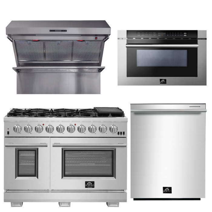 Forno Appliance Package - 48 Inch Gas Burner/Electric Oven Pro Range, Wall Mount Range Hood, Microwave Drawer, Dishwasher, AP-FFSGS6187-48-6