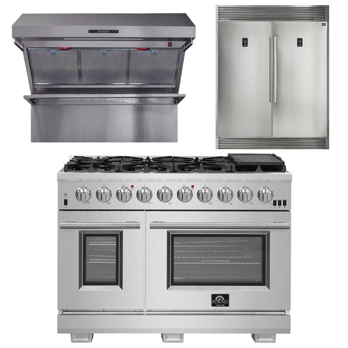 Forno Appliance Package - 48 Inch Gas Burner/Electric Oven Pro Range, Wall Mount Range Hood, Refrigerator, AP-FFSGS6187-48-4