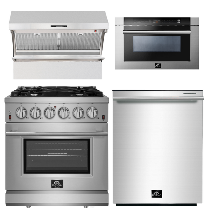 Forno Appliance Package - 30 Inch Gas Range, Wall Mount Range Hood, Microwave Drawer, Dishwasher, AP-FFSGS6239-30-6