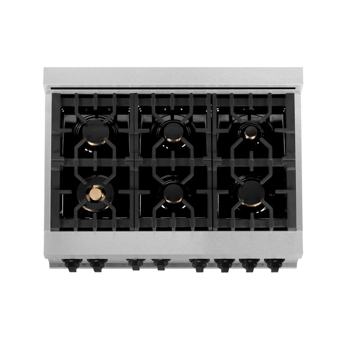 ZLINE 36" Autograph Edition All Gas Range in DuraSnow® Stainless Steel with Matte Black Accents, RGSZ-SN-36-MB