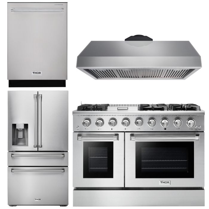 Thor Kitchen Appliance Package - 48 in. Propane Gas Range, Range Hood, Refrigerator with Water and Ice Dispenser, Dishwasher, AP-HRG4808ULP-10