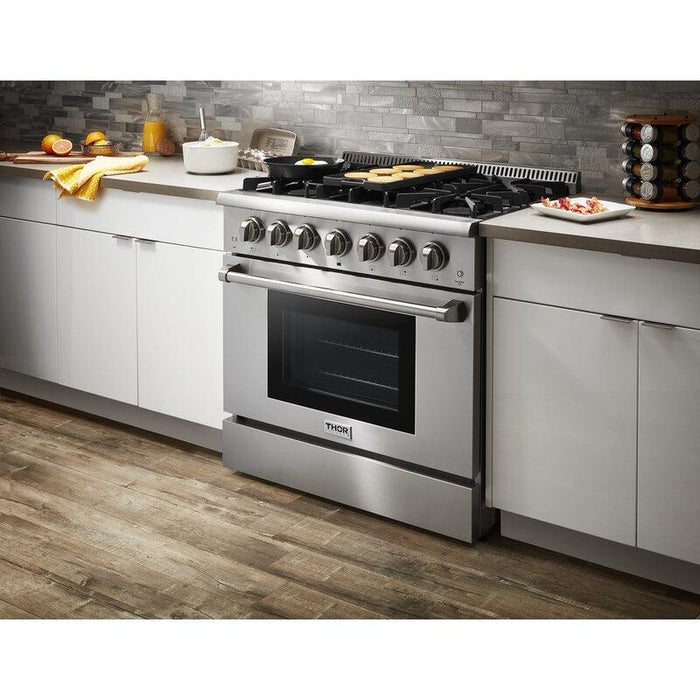 Thor Kitchen Package - 36 In. Propane Gas Burner/Electric Oven Range, Range Hood, Microwave Drawer, Refrigerator, Dishwasher, Wine Cooler, AP-HRD3606ULP-20