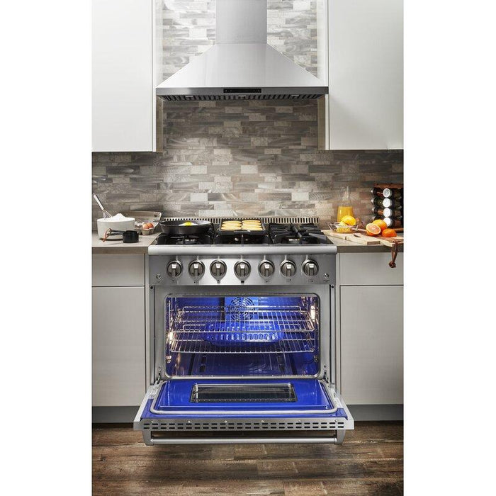 Thor Kitchen Appliance Package - 36 in. Gas Burner/Electric Oven Range, Range Hood, Microwave Drawer, AP-HRD3606U-5