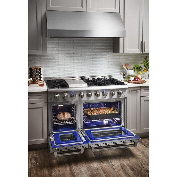 Thor Kitchen Appliance Package - 48 In. Propane Gas Burner, Electric Oven Range, Range Hood, Refrigerator, Microwave Drawer, Wine Cooler, AP-HRD4803ULP-14