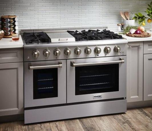 Thor Kitchen Package - 48 In. Dual Fuel Range, Range Hood, Refrigerator, Dishwasher, Wine Cooler, AP-HRD4803U-17