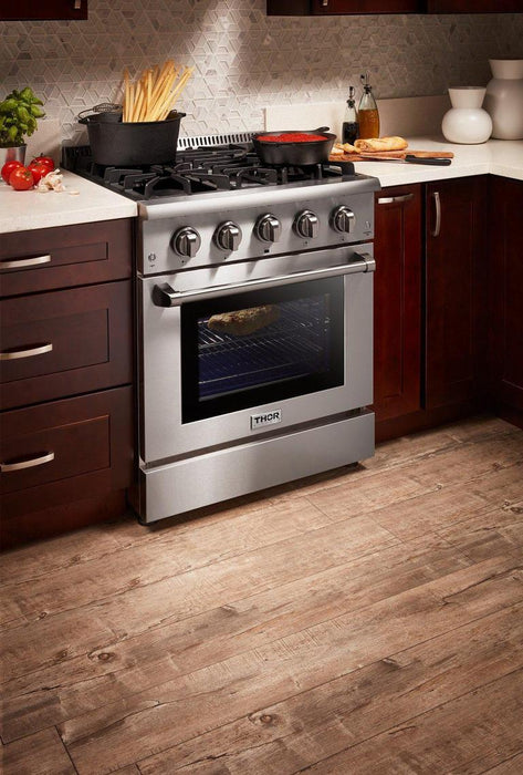 Thor Kitchen Appliance Package - 30 In. Gas Range, Refrigerator with Water and Ice Dispenser, Dishwasher, AP-HRG3080U-9