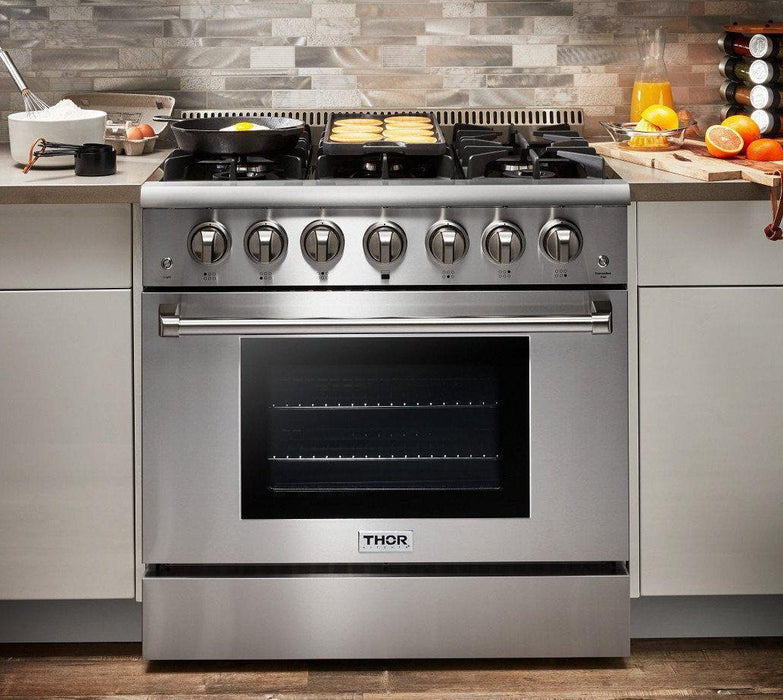 Thor Kitchen Appliance Package - 36 In. Propane Gas Range and Range Hood, AP-HRG3618ULP-C