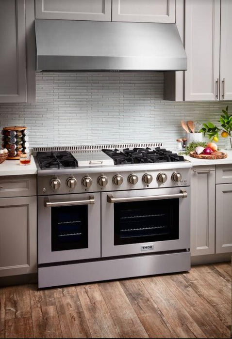 Thor Kitchen Appliance Package - 48 in. Gas Range, Range Hood, Microwave Drawer - Stainless Steel Knobs, AP-HRG4808U-5