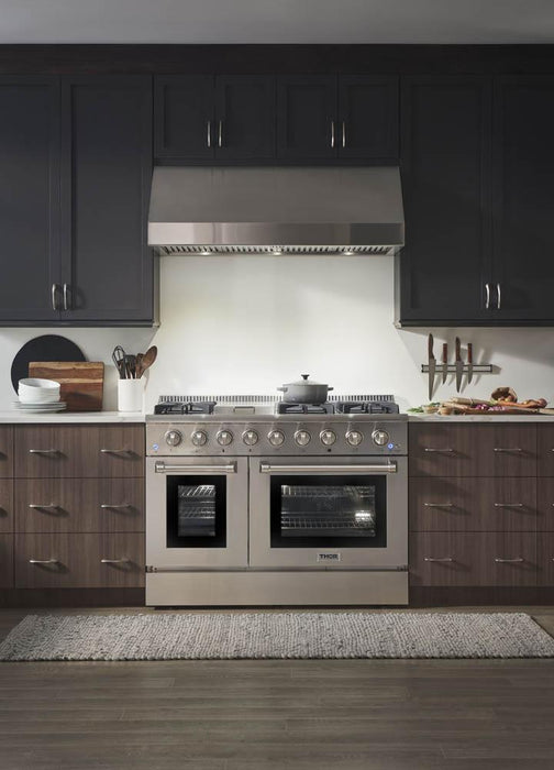 Thor Kitchen Appliance Package - 48 in. Gas Range, Range Hood, Microwave Drawer - Stainless Steel Knobs, AP-HRG4808U-5