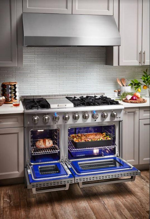 Thor Kitchen Appliance Package - 48 in. Gas Range, Range Hood, Microwave Drawer - Stainless Steel Knobs, AP-HRG4808U-5