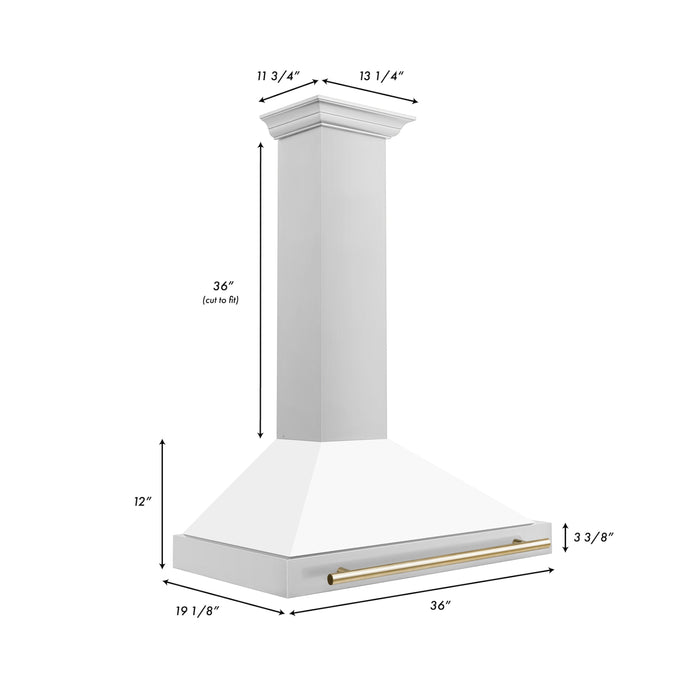 ZLINE 36" Autograph Edition Wall Mount Range Hood in Stainless Steel with a Matte White Shell and Gold Handle, KB4STZ-WM36-G