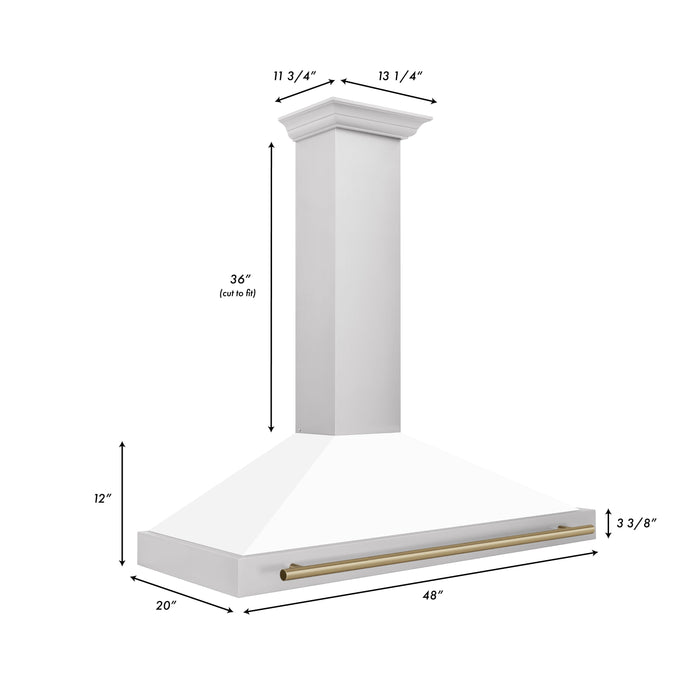 ZLINE 48" Autograph Edition Wall Mount Range Hood in Stainless Steel with White Matte Shell and Champagne Bronze Handle, KB4STZ-WM48-CB