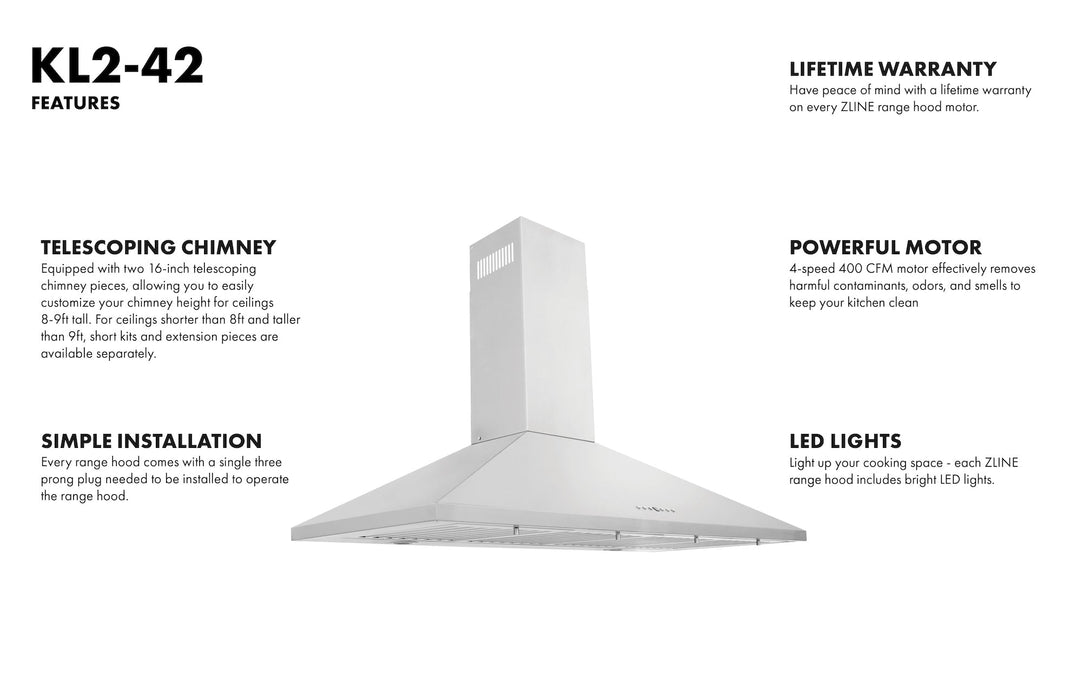 ZLINE 42" Convertible Vent Wall Mount Range Hood in Stainless Steel, KL2-42