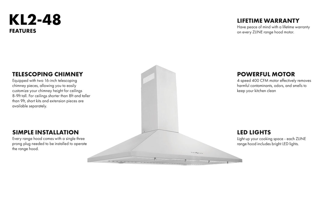 ZLINE 48" Convertible Wall Mount Range Hood in Stainless Steel, KL2-48