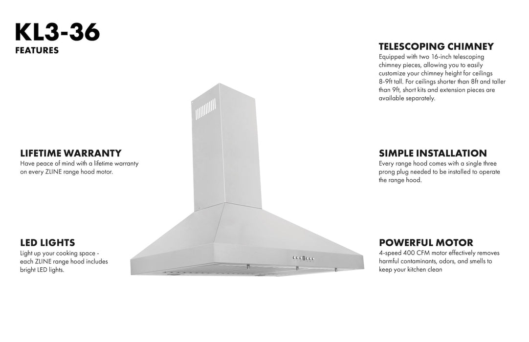 ZLINE 36" Convertible Vent Wall Mount Range Hood in Stainless Steel, KL3-36