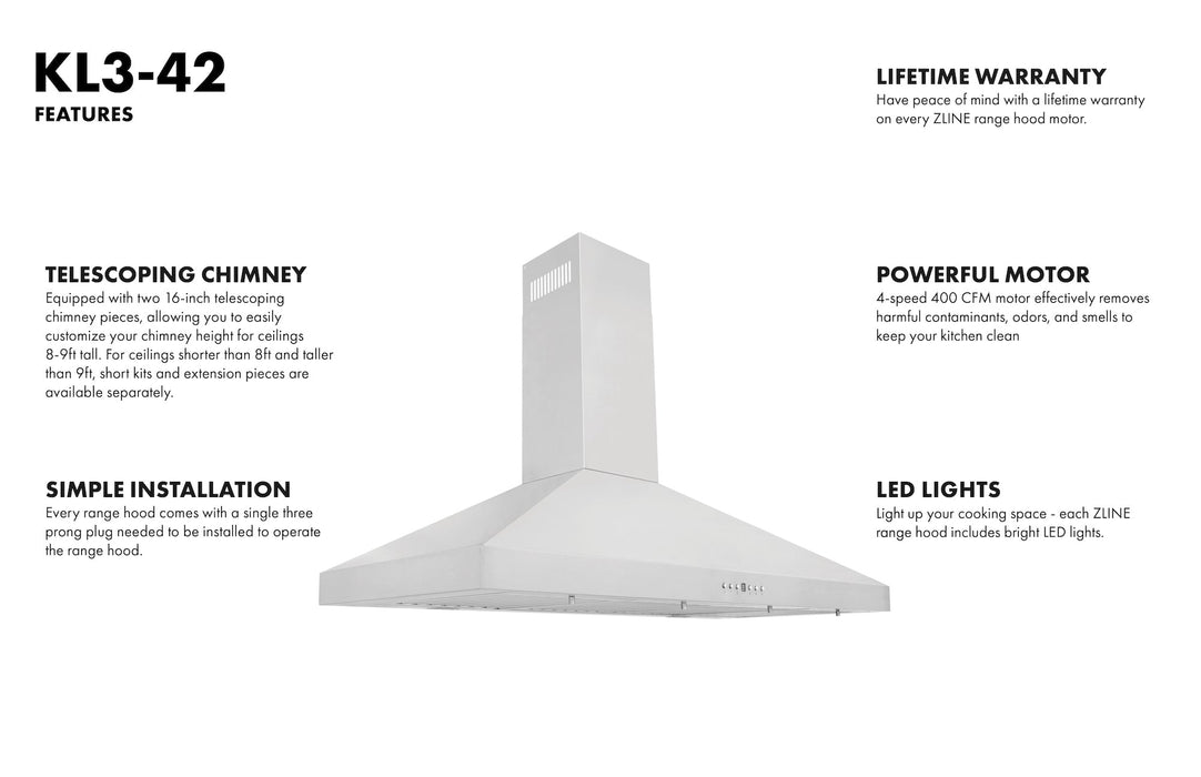 ZLINE 42" Convertible Vent Wall Mount Range Hood in Stainless Steel, KL3-42