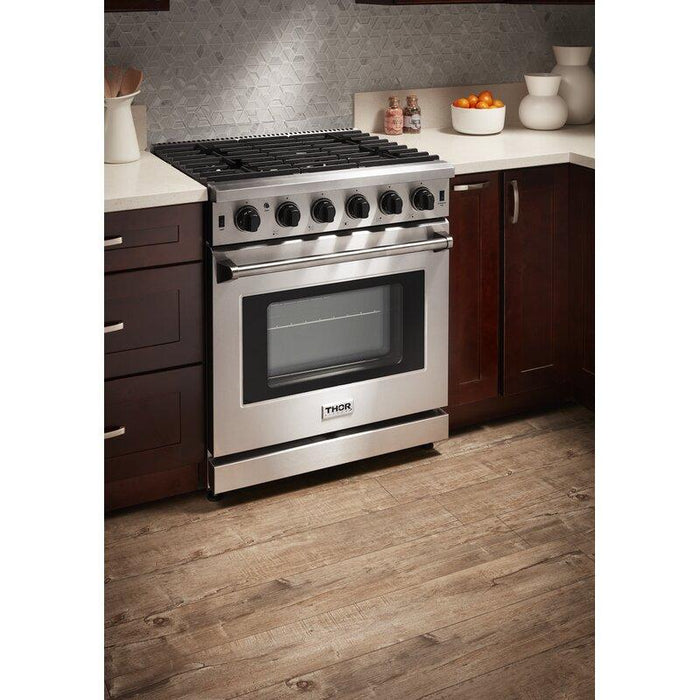 Thor Kitchen Appliance Package - 30 In. Gas Range, Range Hood, Microwave Drawer, Refrigerator, Dishwasher, Wine Cooler, AP-LRG3001U-W-6