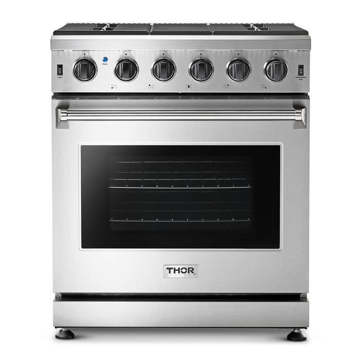 Thor Kitchen Appliance Package - 30 in. Natural Gas Range, Range Hood, Microwave Drawer, Refrigerator with Water and Ice Dispenser, Dishwasher, AP-LRG3001U-13