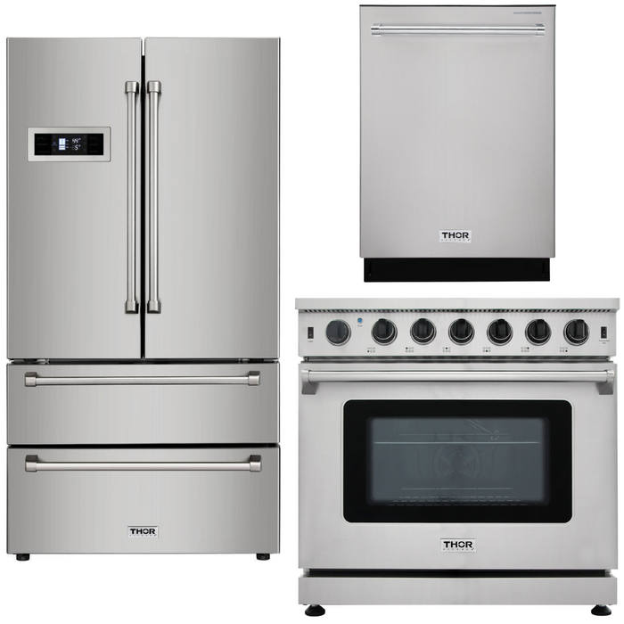 Thor Kitchen Appliance Bundle - 36 in. Gas Range, Refrigerator, Dishwasher, AB-LRG3601U-2