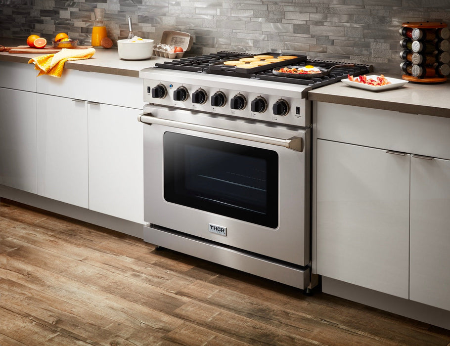 Thor Kitchen Appliance Bundle - 36 In. Propane Gas Range in a 5 Piece Kitchen Set, AB-LRG3601ULP-7
