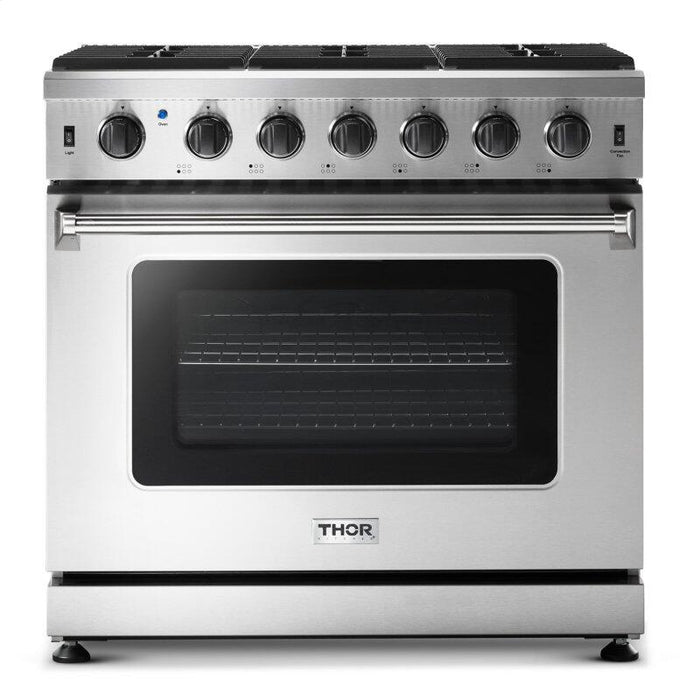 Thor Kitchen Appliance Bundle - 36 in. Natural Gas Range, Range Hood, Refrigerator, Dishwasher, Wine Cooler, AB-LRG3601U-4