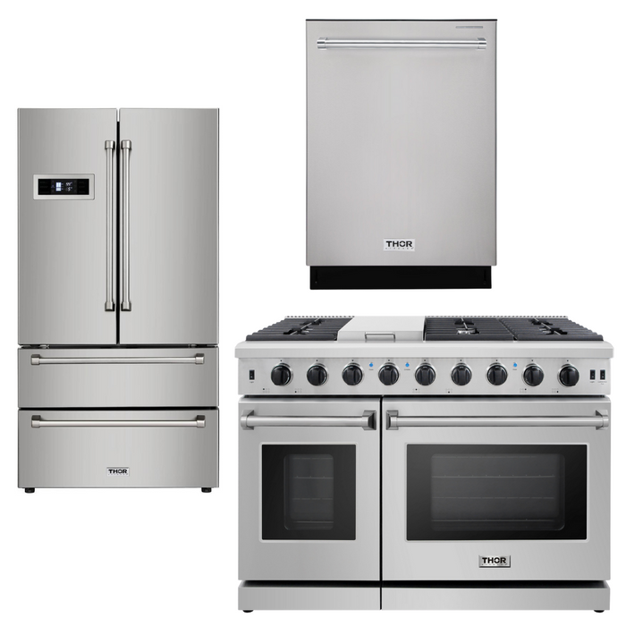 Thor Kitchen Appliance Bundle - 48 in. Gas Range, Dishwasher, Refrigerator - Stainless Steel, AB-LRG4807U-2