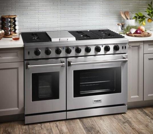 Thor Kitchen Appliance Bundle - 48 in. Gas Range, Range Hood, Refrigerator, Dishwasher, Wine Cooler, AB-LRG4807U-4