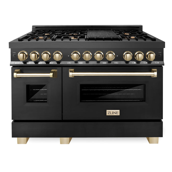 ZLINE 48" Autograph Edition Dual Fuel Range in Black Stainless Steel and Gold Accents, RABZ-48-G