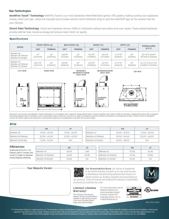 Majestic Meridian Platinum 36" Traditional Top/Rear Direct Vent Natural Gas Fireplace With IntelliFire Touch ignition System