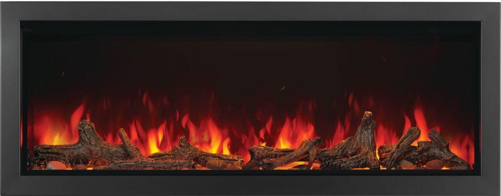 Built-in electric fireplace with customizable framed or frameless options.