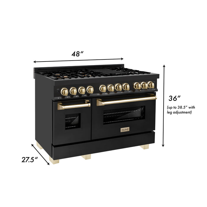 ZLINE 48" Autograph Edition Dual Fuel Range in Black Stainless Steel and Gold Accents, RABZ-48-G