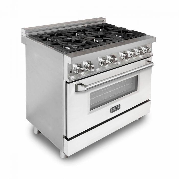 ZLINE Kitchen and Bath 36 in. Dual Fuel Range with White Matte Door & 36 in. Range Hood Appliance Package, 2KP-RAWMRH36