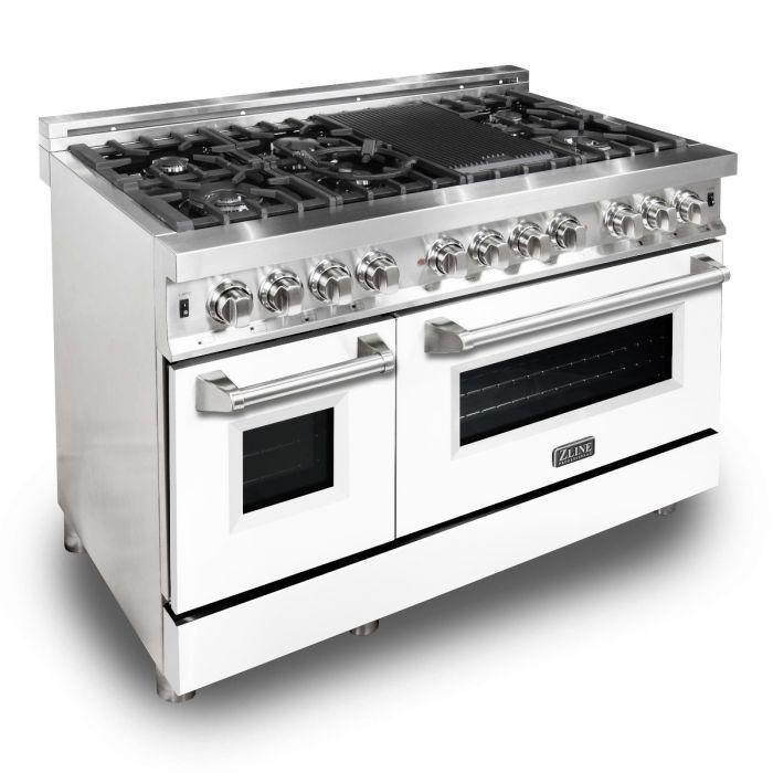 ZLINE 48 in. Dual Fuel Range with White Matte Door & 48 in. Range Hood Appliance Package, 2KP-RAWMRH48