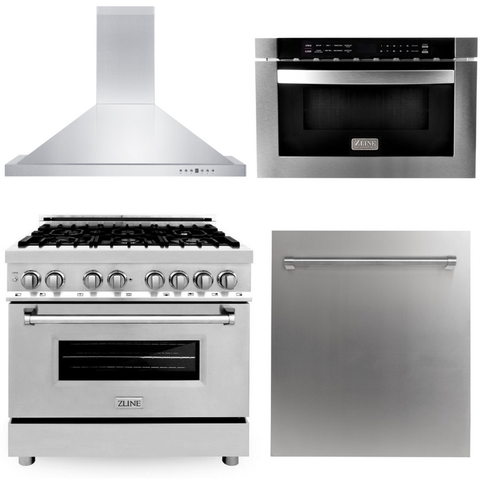 ZLINE Appliance Package 4 Piece Bundle - 36 in. Dual Fuel Range, Range Hood, Microwave Drawer & Dishwasher, AB-RA36-3