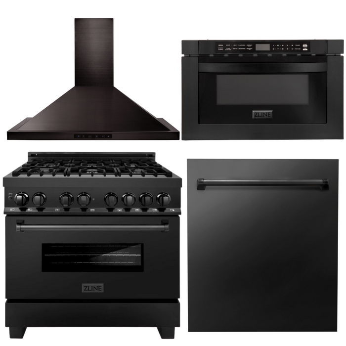 ZLINE Bundle - 36" Dual Fuel Range, Range Hood, Microwave, Dishwasher in Black Stainless Steel,