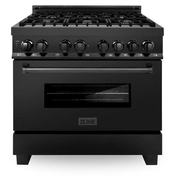 ZLINE Bundle - 36" Dual Fuel Range, Range Hood, Microwave, Dishwasher in Black Stainless Steel,