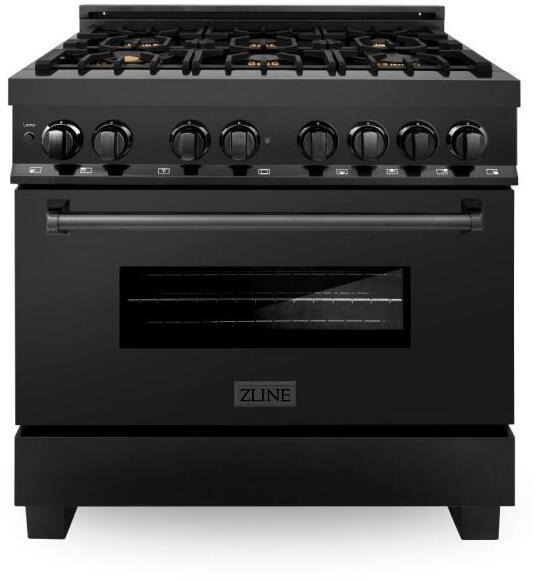 ZLINE Package - 36" Dual Fuel Range, Range Hood, Microwave, Dishwasher in Black Stainless