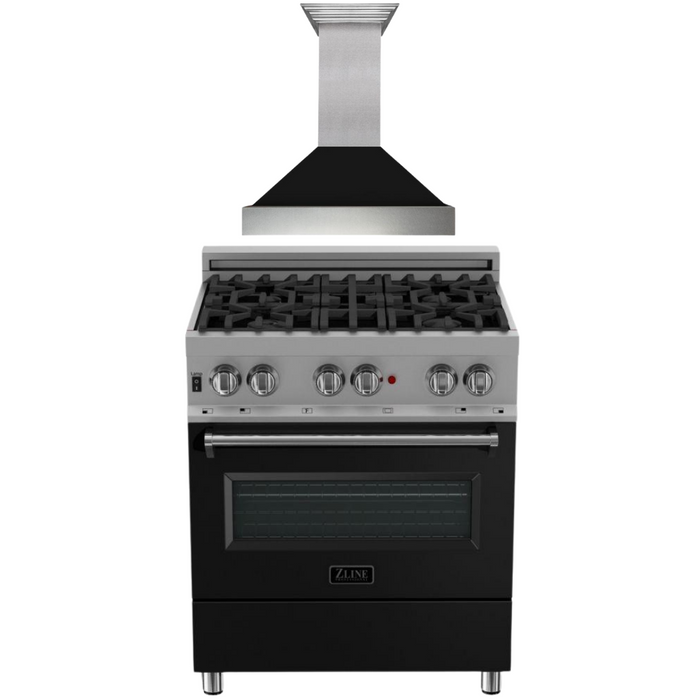 ZLINE 30 in. Dual Fuel Range in DuraSnow® with Black Matte Door & 30 in. Range Hood Appliance Package, 2KP-RASBLMRH30