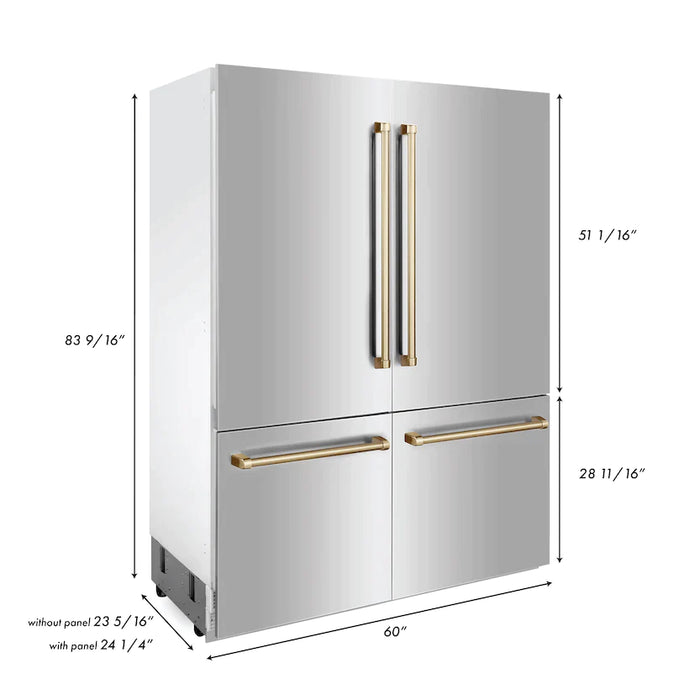 ZLINE 60" Autograph Edition Built-In 4-Door Refrigerator in Stainless Steel with Gold Accents, RBIVZ-304-60-G