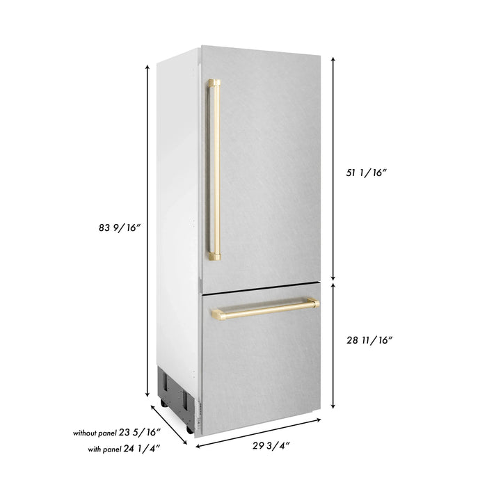 ZLINE 30" Autograph Edition Built-In Refrigerator in DuraSnow® Stainless Steel with Gold Accents, RBIVZ-SN-30-G