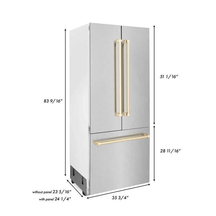 ZLINE 36" Autograph Edition Built-In Refrigerator in DuraSnow® Stainless Steel with Gold Accents, RBIVZ-SN-36-G