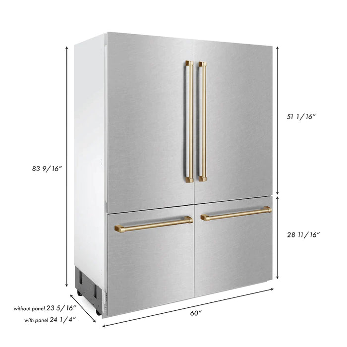 ZLINE 60" Autograph Edition Built-In 4-Door Refrigerator in DuraSnow® Stainless Steel with Gold Accents