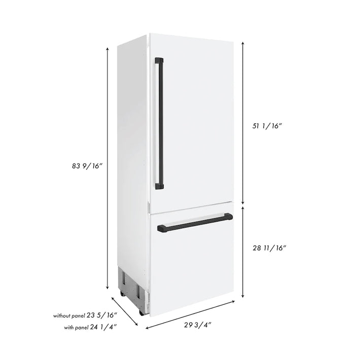 ZLINE 30" Autograph Edition Built-In 2-Door Bottom Freezer Refrigerator in White Matte with Matte Black Accents, RBIVZ-WM-30-MB